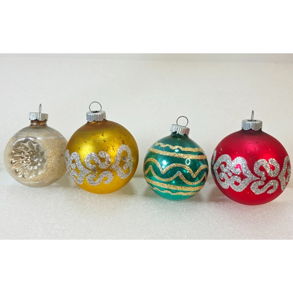 Lot of 4 Vtg Shiny Brite Glass Christmas Ornaments Indent Glitter Scroll Balls